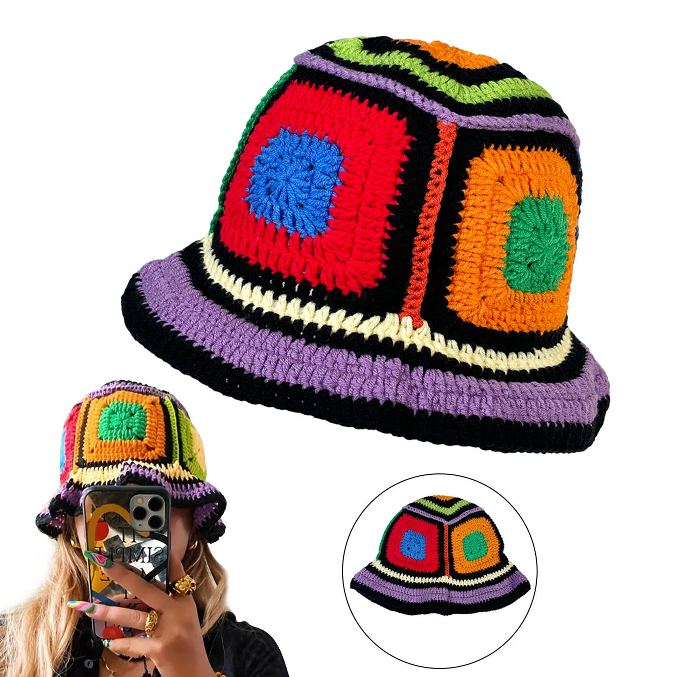 Go Ethnic Fashion - Purple-Edged Zuma Hat, Hand-Knitted Colorful Patchwork